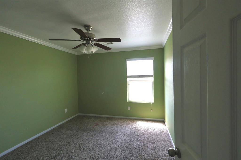 Upstairs secondary bedroom with carpet floors and unique paint