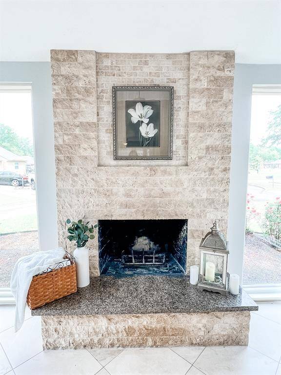 View of the gas fireplace, sure to keep you warm during the winter months!