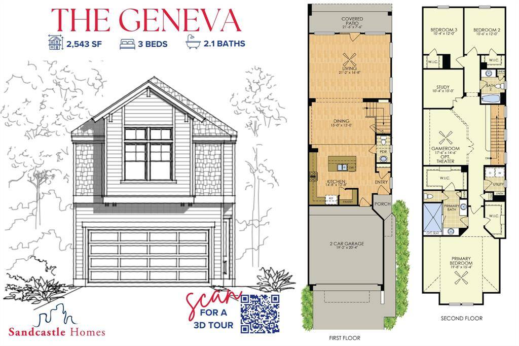 Explore over 2,500 square feet of intentional design in the Geneva floor plan—scan the QR code to take a virtual 3D tour of your future home.