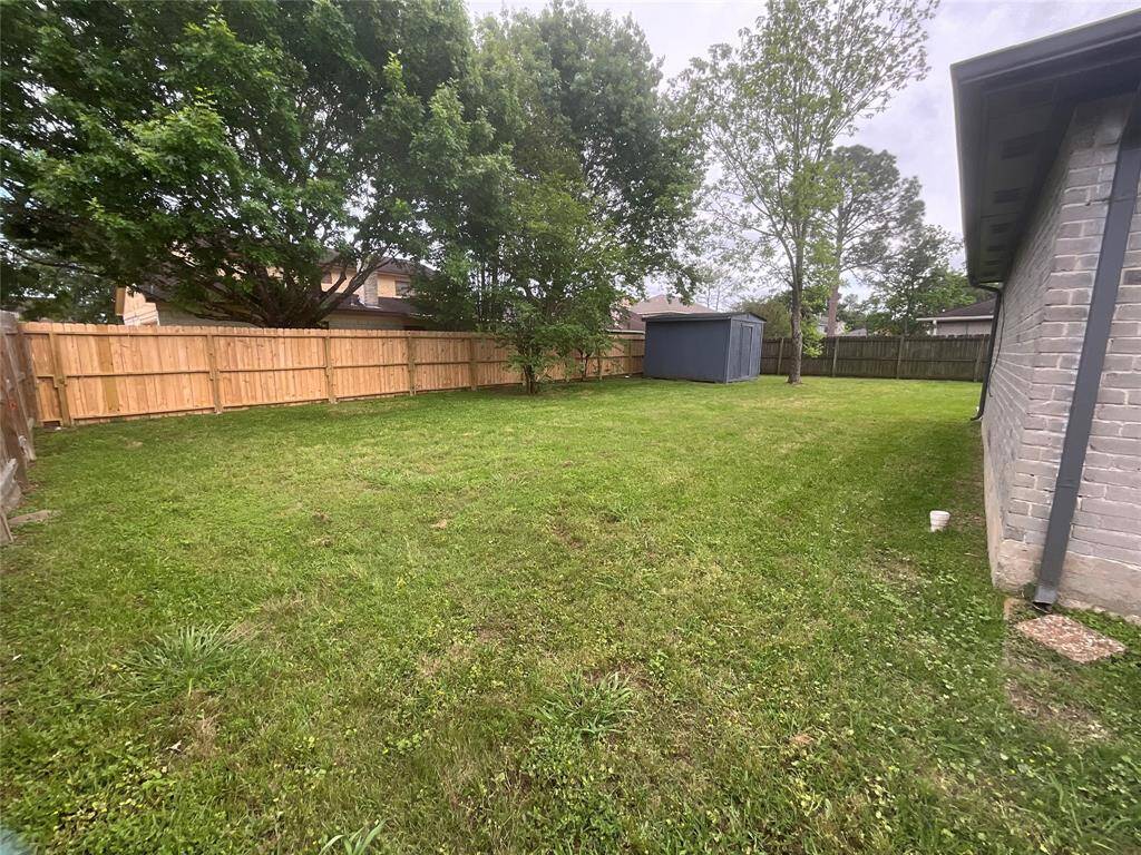 Spacious backyard with lush greenery and a charming shed, perfect for relaxation and outdoor activities.