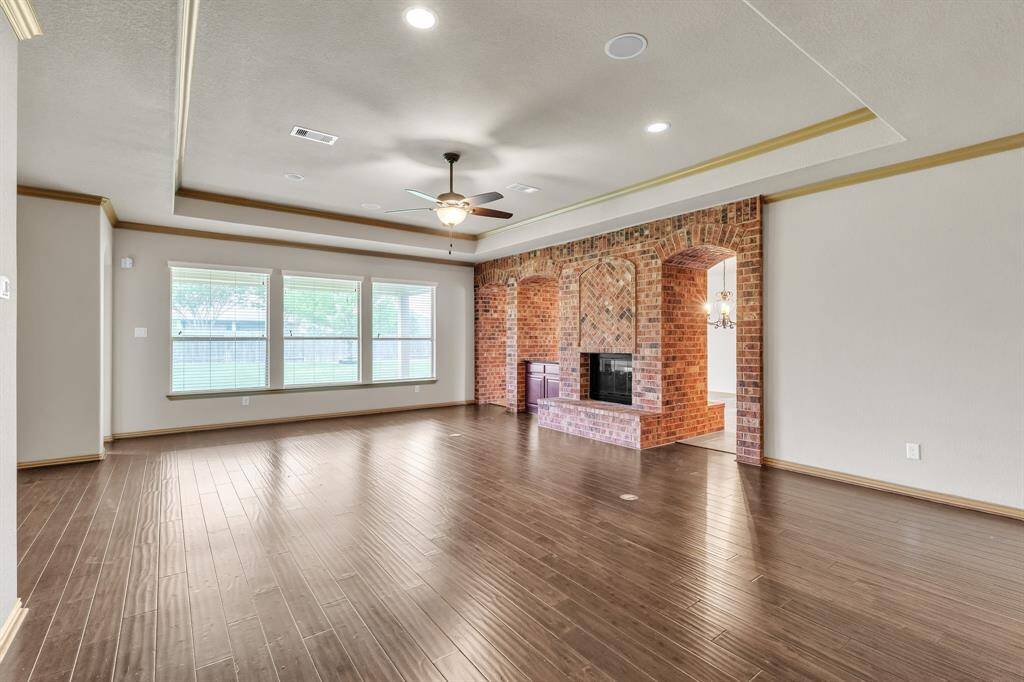 Living room with double sided fireplace