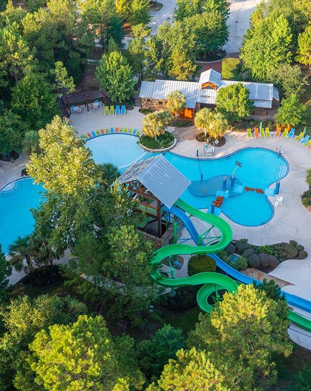 Aerial view of Woodforest pool and water slides.