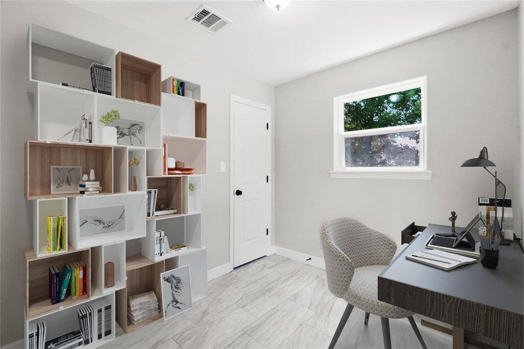 Virtually staged office downstairs.  Door knob and window style are different from what are actually installed. Paint color is different from representation.