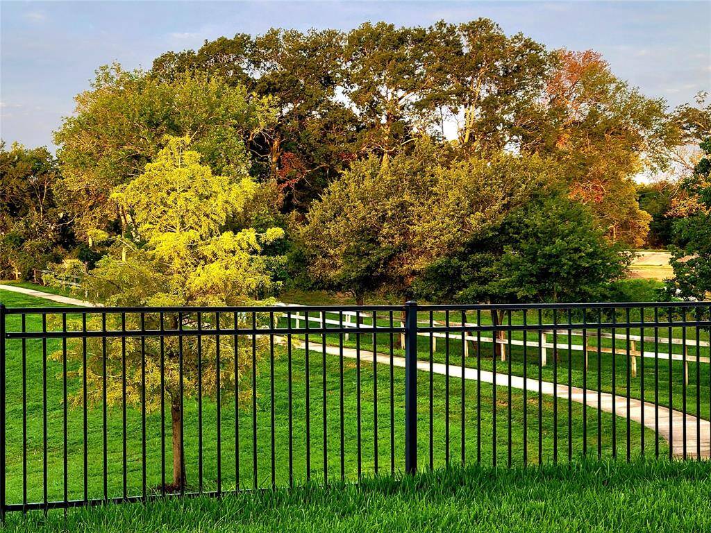 This photo showcases a serene backyard view with lush green grass, mature trees, and a black metal fence. A winding pathway adds charm, offering a peaceful and private outdoor space.