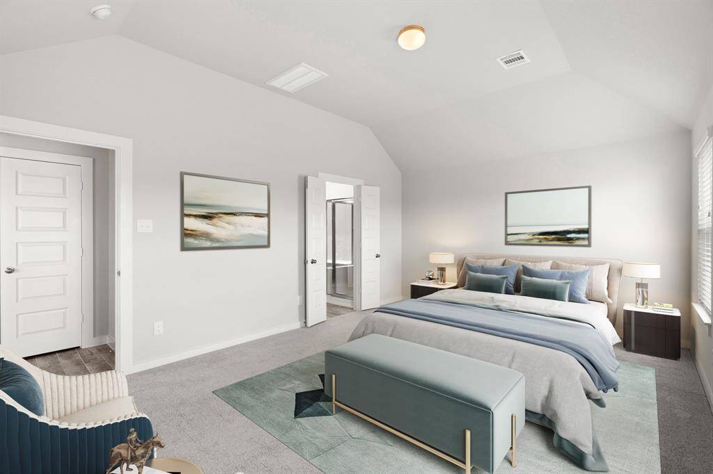 *Virtually Staged*Escape and relax in the exquisite primary suite, a haven to unwind after a long day. The spacious room boasts plush carpeting, soothing paint tones, high ceilings, and expansive windows adorned with privacy blinds. Sample photo of completed home with similar floor plan. As-built interior colors and selections may vary.