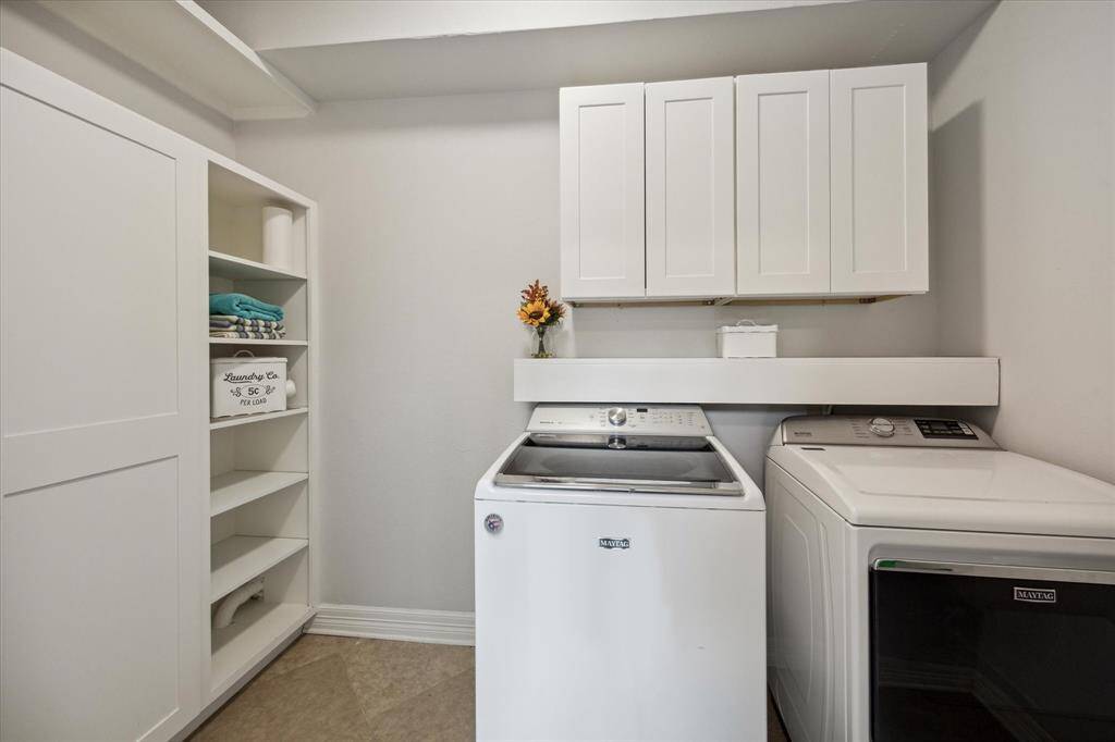 This large utility room has tons of new storage. Washer, dryer and refrigerator will convey.