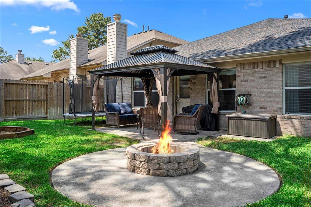 Backyard Paradise with patio cover, fire pit area, sand box (planter box) and professional landscaping.