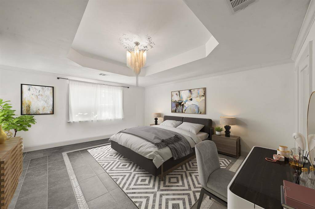 Virtually Staged: Lovely Secondary Bedroom featuring elegant tile flooring, a vaulted ceiling, and crowd molding.