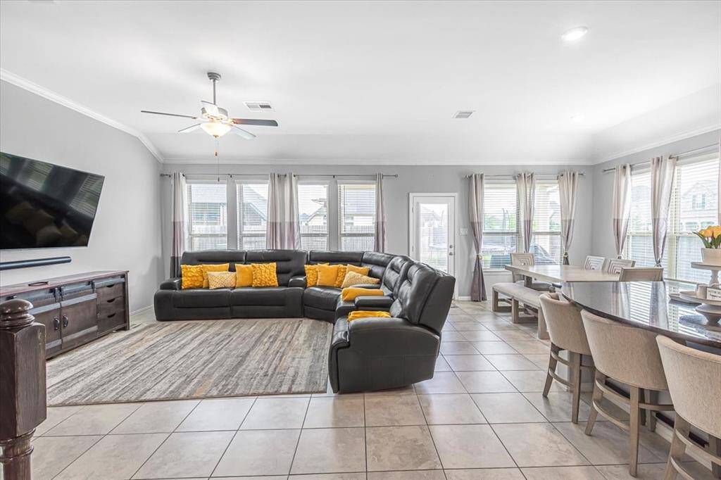 Open-concept family room with abundant natural light, seamlessly connected to kitchen and dining