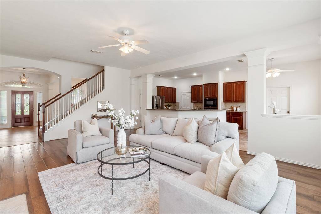 The large family room allows for plenty of furniture to seat your family and friends.