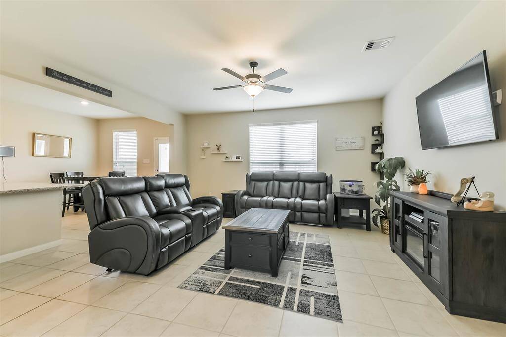 Living room with open concept to kitchen and dining area