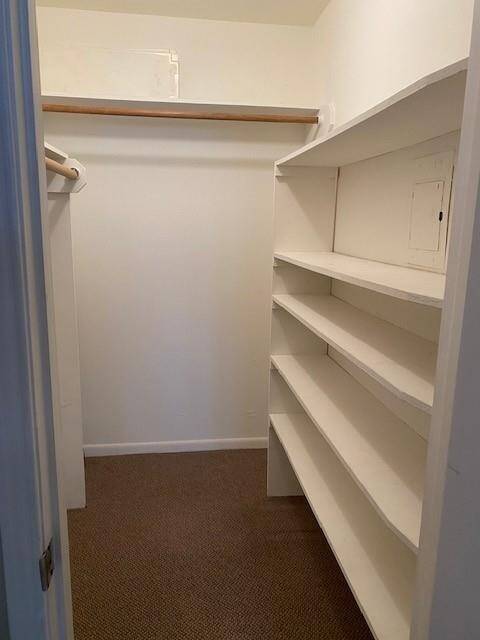 This is an old photo before the tenant moved in. It shows a spacious walk-in closet with plenty of shelving on the right, perfect for organizing clothing and accessories.