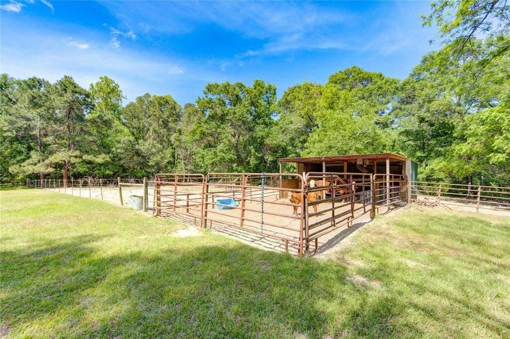 This photo showcases a spacious, fenced area with a shelter, ideal for livestock. It's surrounded by lush greenery, providing a serene, rural setting. Perfect for those seeking a property with ample outdoor space and pastoral charm.