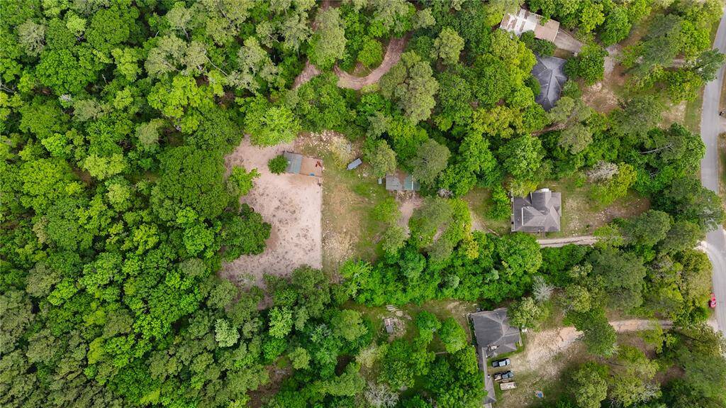 This aerial photo showcases a wooded area with a few scattered homes nestled among dense greenery. The properties are surrounded by trees, offering privacy and a natural setting. A visible road provides access to the homes, suggesting a serene, secluded neighborhood ideal for nature lovers.
