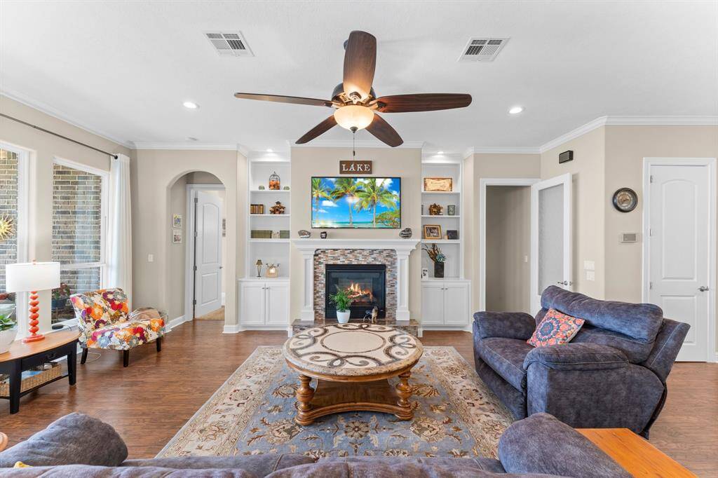 Cozy up to the gas log fireplace