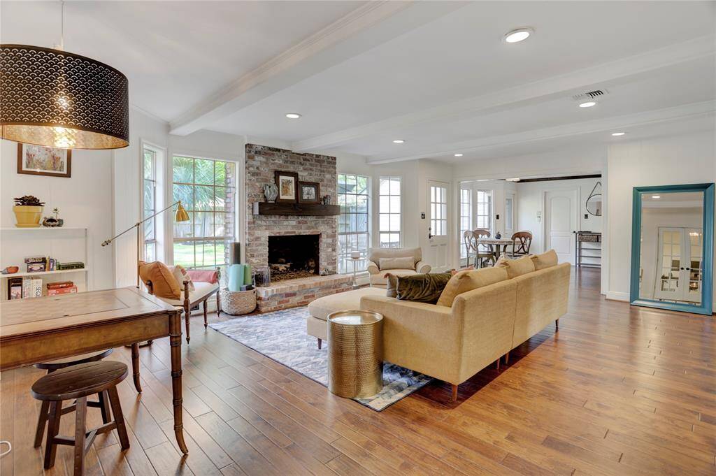 View of the family room from the French-door study.