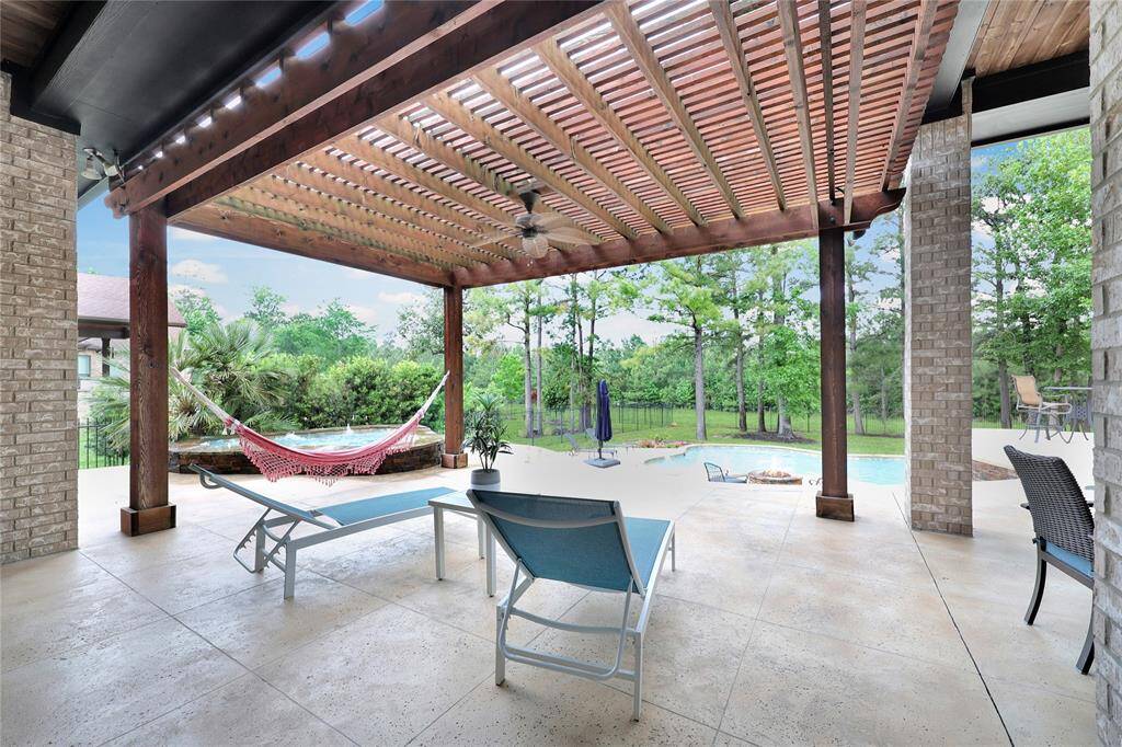 Outdoor patio with pergola.