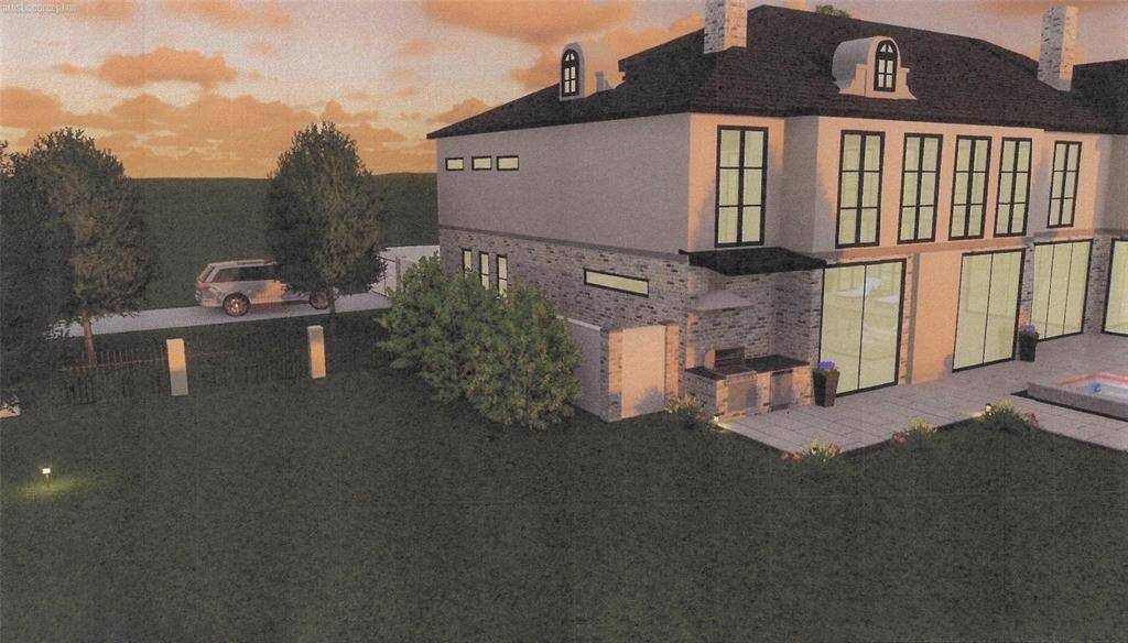 A view of the side of the home with driveway and BBQ area. Glass doors on first floor lead to summer kitchen and living area. Expansive primary suite is located on the second floor.