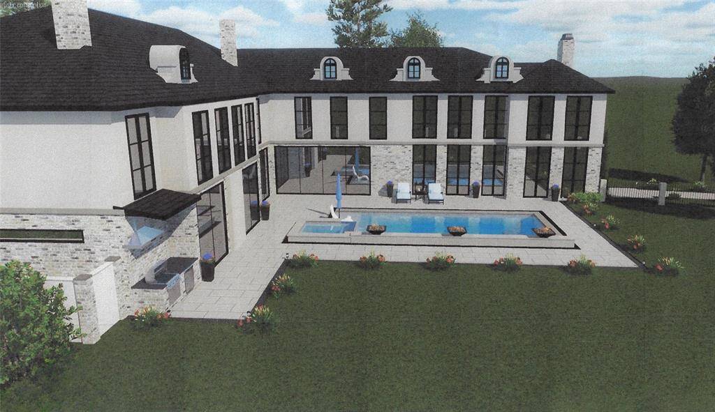 Exterior of house featuring large yard, pool and BBQ area.