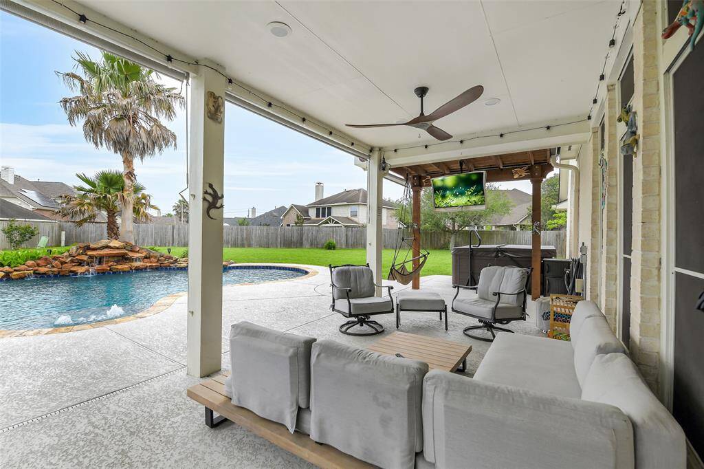 Step through the backdoor to your outdoor oasis! Enjoy the shade of the covered patio with additional sun shades.  The hot tub and additional patio extension were added in 2023.