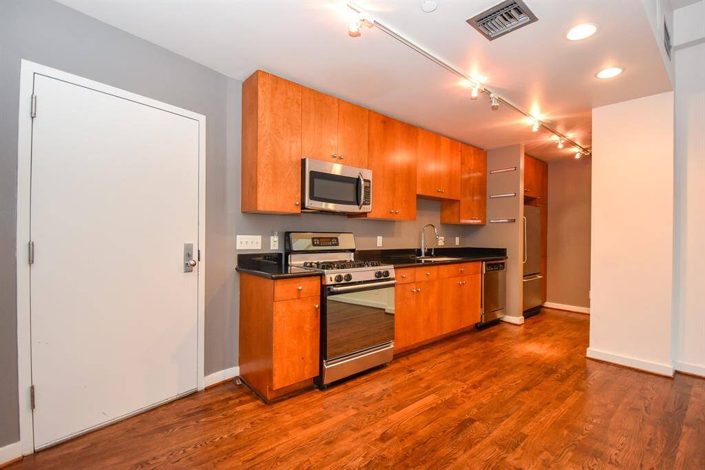 Closer look at the kitchen area.