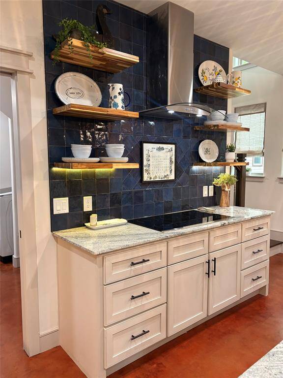 Here's a picture of the cooktop. The open shelving with the blue backsplash and pretty granite are a beautiful focal point in the room. To the left is the large open pantry, butler's pantry and laundry room. All tucked away behind a pocket door.