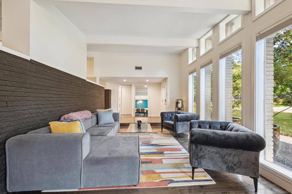 Fresh, bright and inviting sunken living room, Mid-Century modern flair all the way