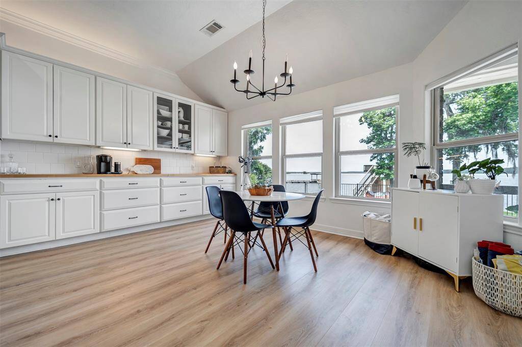 Notice the butcher block counters
