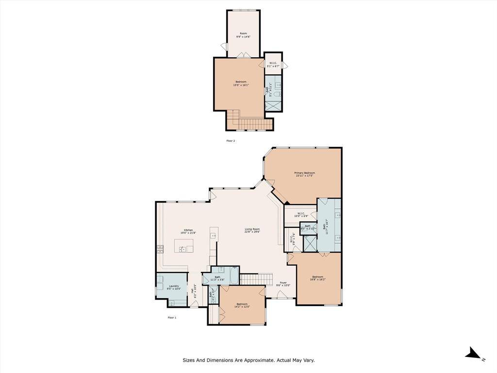 The floor plan of this home highlights a spacious main living area and kitchen with a central island, perfect for both everyday living and entertaining. A unique feature is the dual primary suite layout, connected by a large custom bath that offers comfort and convenience. The front bedroom includes its own private en-suite bath, while the second-floor suite provides an additional bedroom, a flexible sitting area or game room, and a full bath, ideal for guests or extended family.
