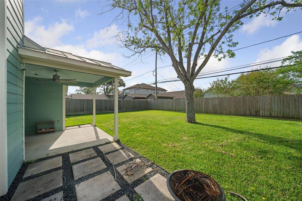 Enjoy the outdoors under the covered patio or sit around the firepit on the concrete pavers.