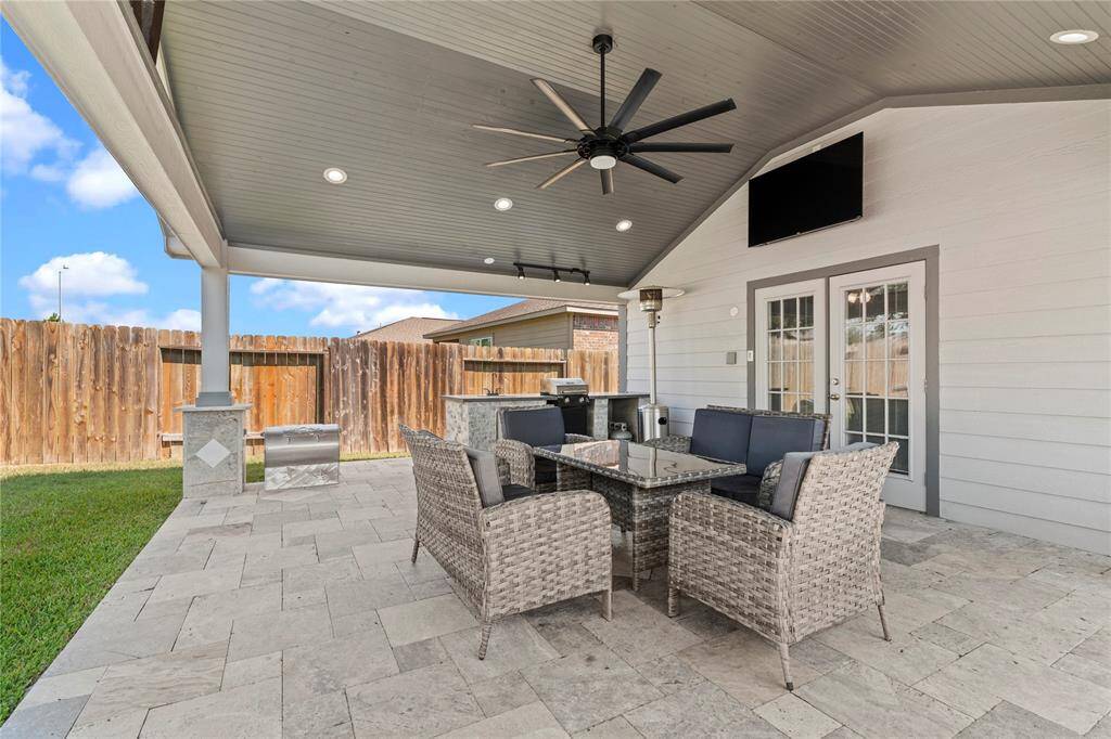 Oversized covered patio offering endless possibilities for outdoor living and entertaining.