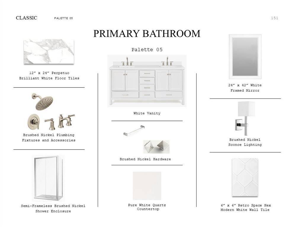 Classic Look Palette 5: Primary Bathroom Selection Sheet (*Artist rendering used for illustration purposes only.)