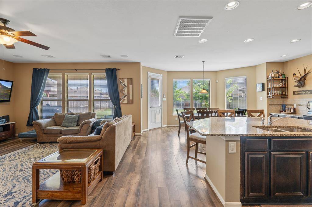 Living, dining, kitchen open concept