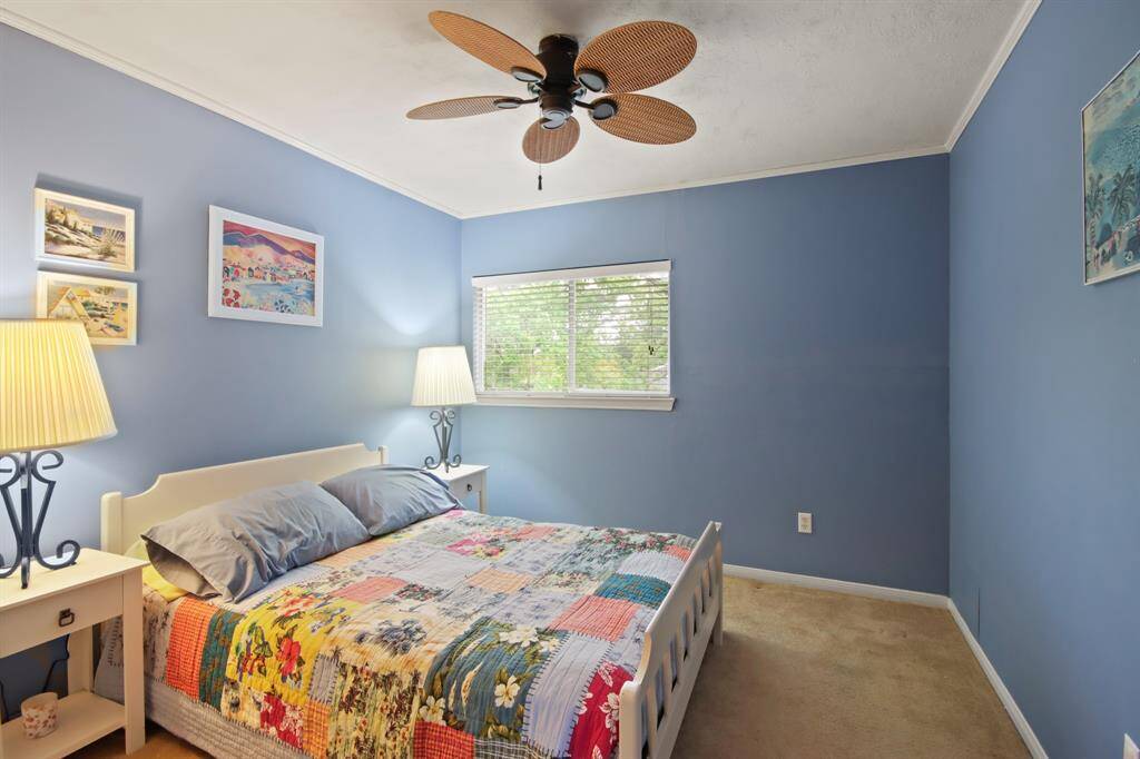 Cozy bedroom with soft blue walls, featuring a ceiling fan and natural light from a window.