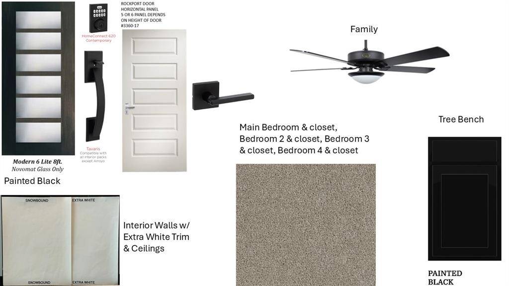 Front Door, Interior Doors, Paint Selections, Carpet Selections and Cabinet color for Tree Bench (Mud Area)