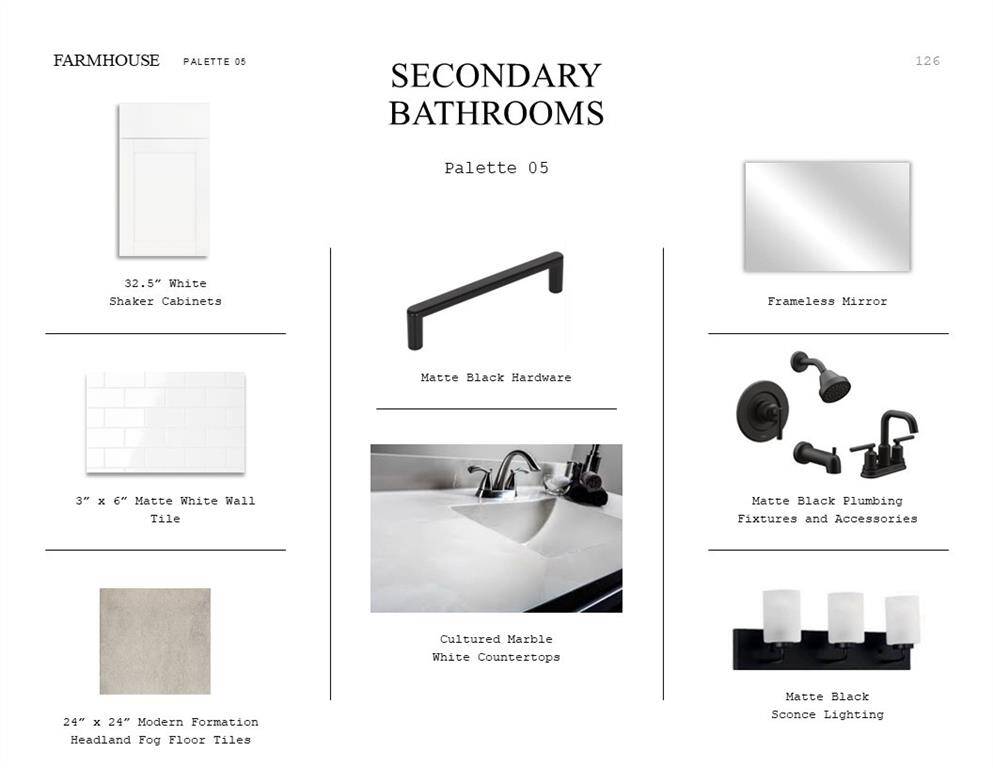 Farmhouse Look Palette 5: Secondary Bathrooms Selection Sheet (*Artist rendering used for illustration purposes only.)