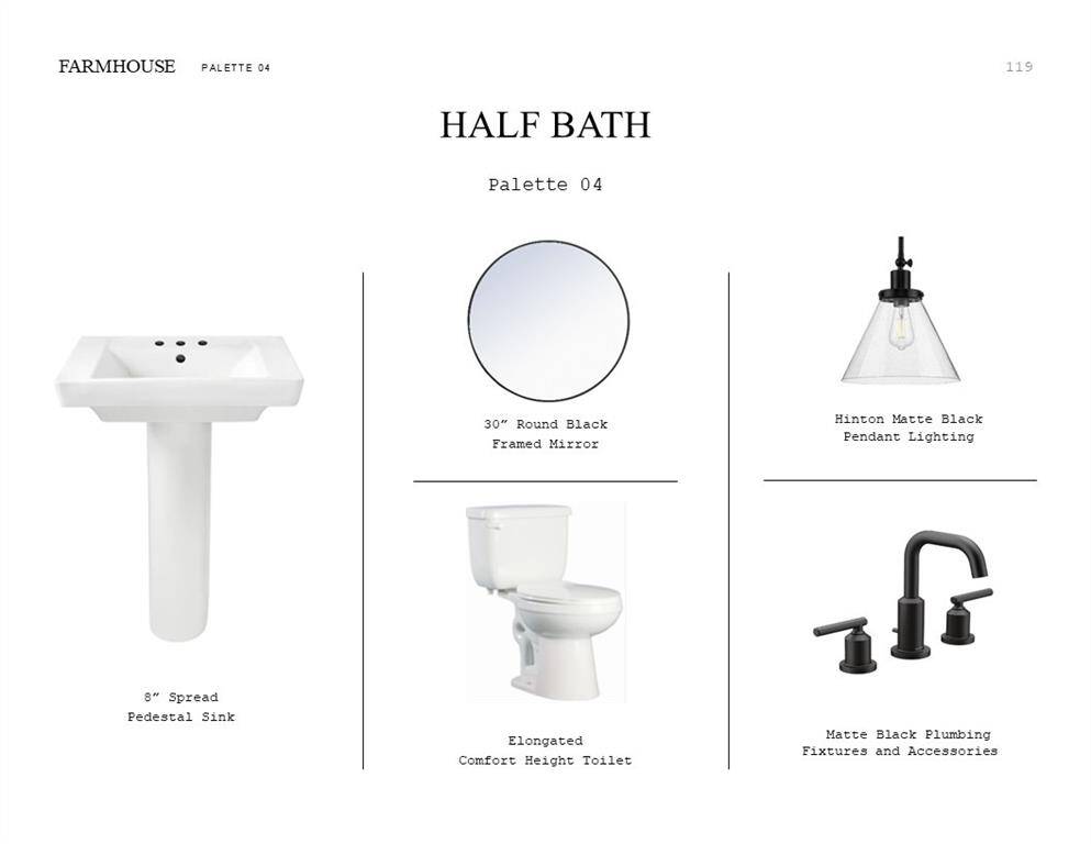 Farmhouse Look Palette 4: Half Bath Selection Sheet (*Artist rendering used for illustration purposes only.)