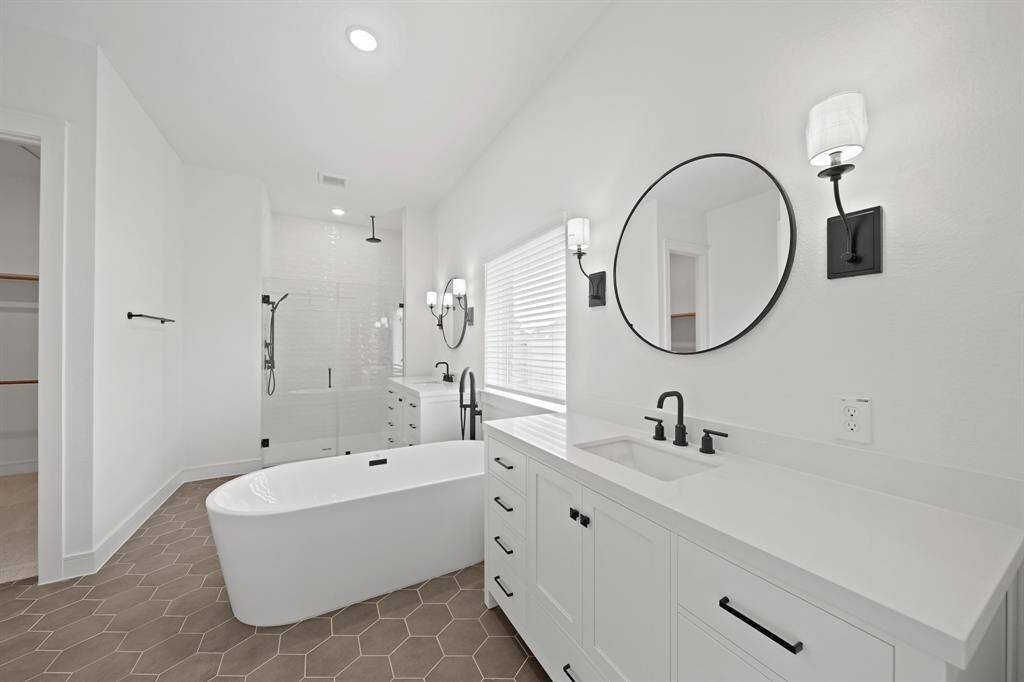 Serene primary bath with freestanding dual sinks, tub, and separate shower (*Photo not of actual home and used for illustration purposes only.)
