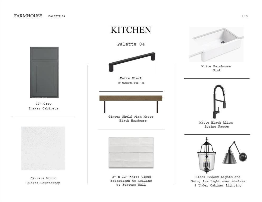 Farmhouse Look Palette 4: Kitchen Selection Sheet (*Artist rendering used for illustration purposes only.)