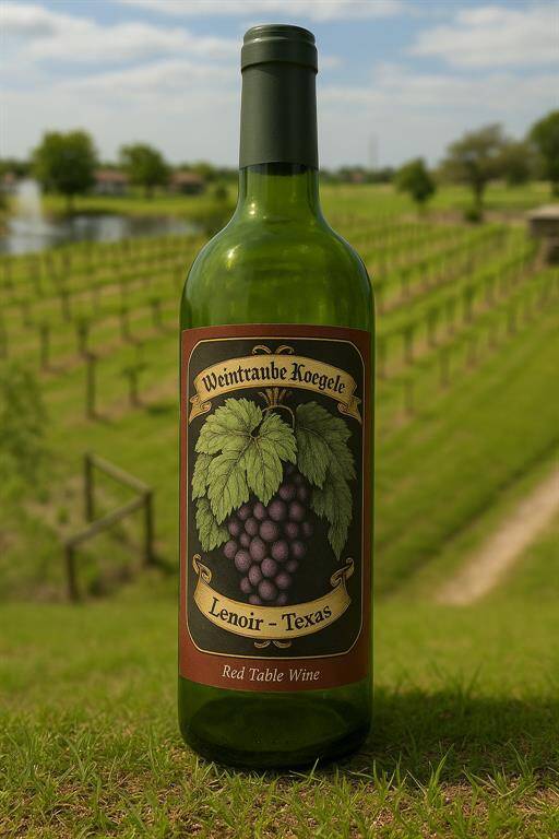 This scenic vineyard property offers not only charm but productivity— currently yielding approximately 2,000 lbs of red and white grapes annually. Highlighted here is a local bottle crafted from its harvest, set against the lush, grape-producing landscape.