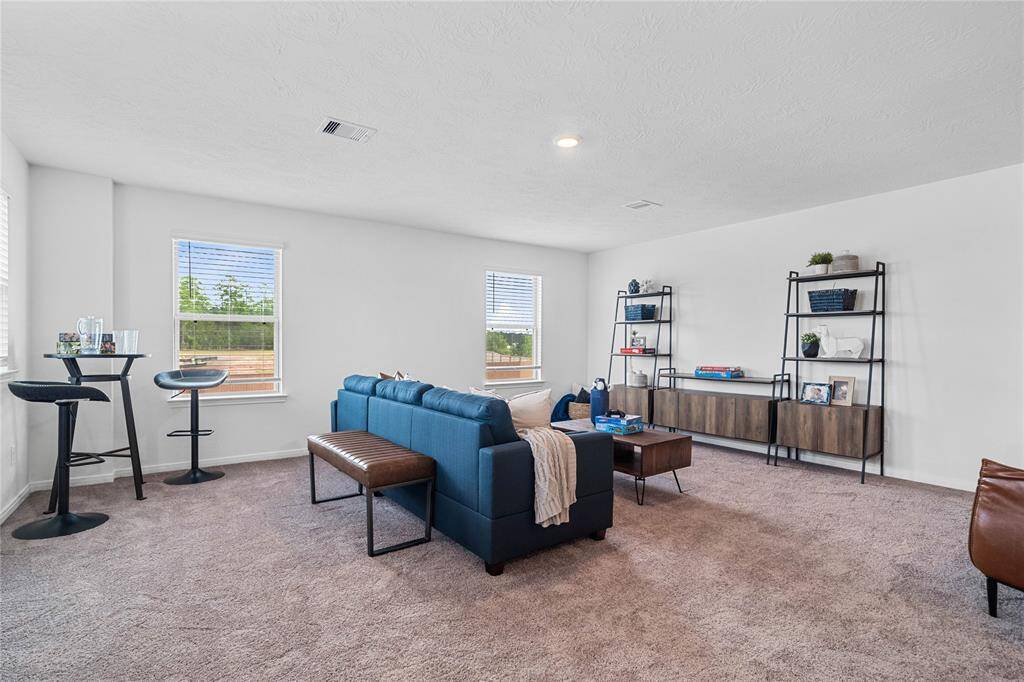 Come upstairs and enjoy a day of leisure in this fabulous game room/media room!!!  This is the perfect hangout spot or adult game room, this space features plush carpet, high vaulted ceiling, lighting, and custom paint!