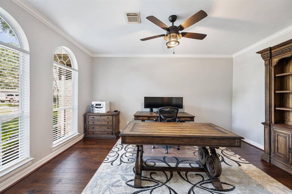 Sequestered with French doors, the 1st floor office may be utilized for telecommuting or running a successful online business. For those continuing their education, it may also serve as a distance learning area and study.