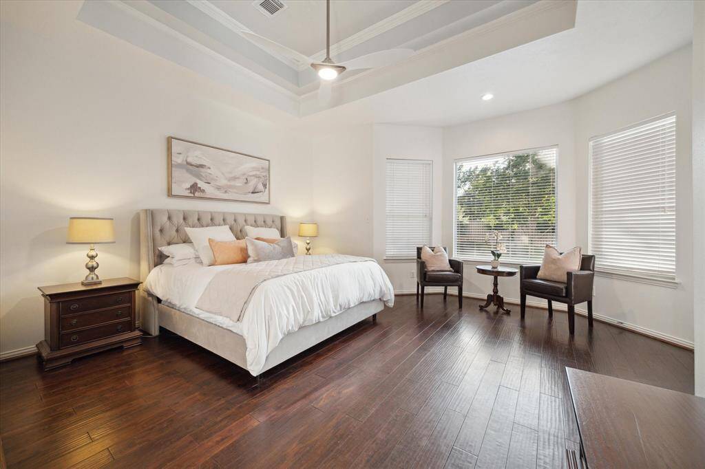 The Primary bathroom has a separate shower and jetted tub and double vanities.
