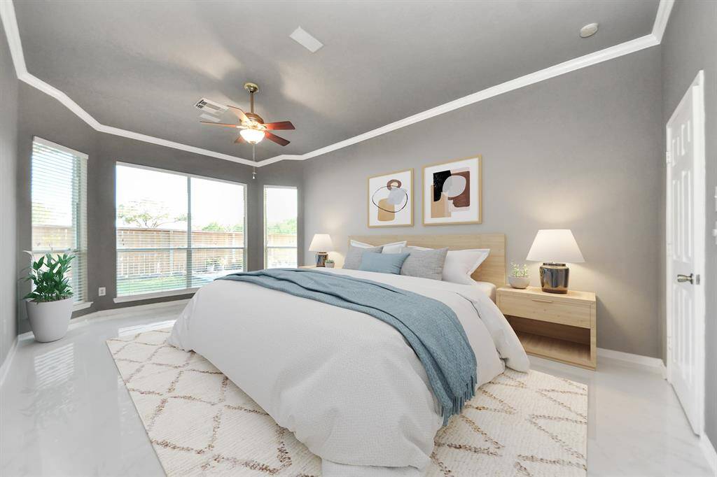 Primary bedroom with staging idea