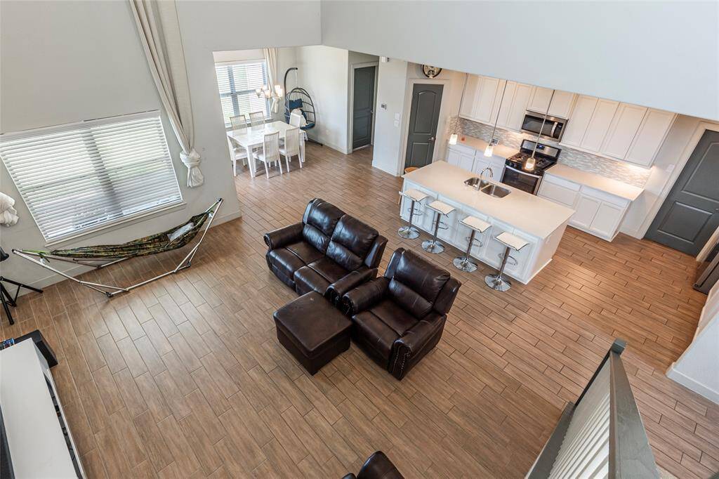 View of living/dining areas from above