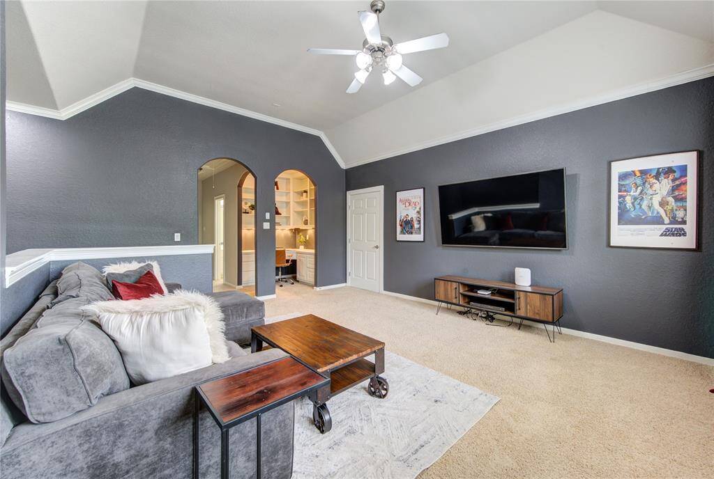 Media room extends to include a quiet built-in study nook—ideal for homework, gaming or a creative workspace