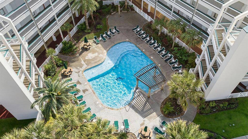 One of the Casa del Mar swimming pools, surrounded by lush palm trees and ample lounging areas, offering a resort-like atmosphere perfect for relaxation and leisure.