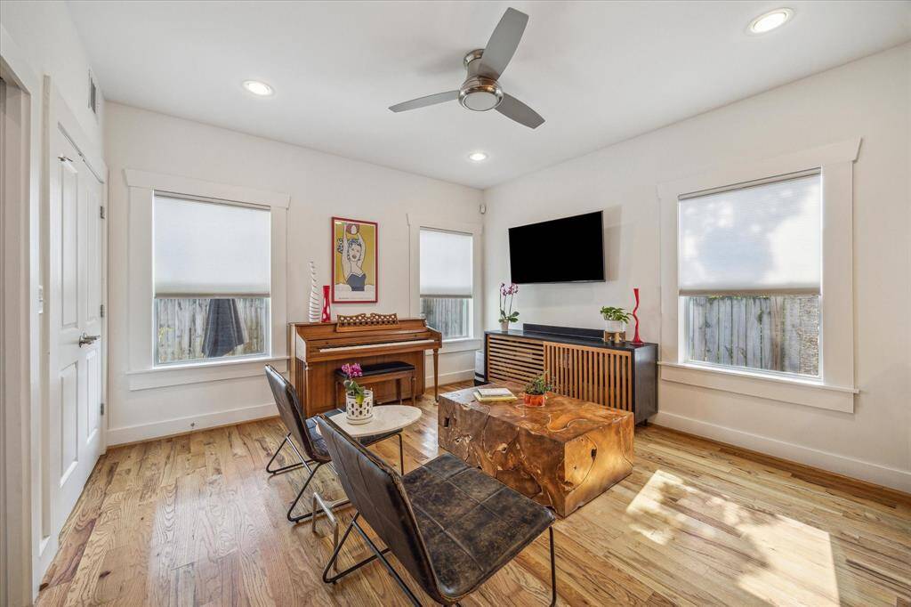 The family room sits at the back of the home, just beyond the kitchen.