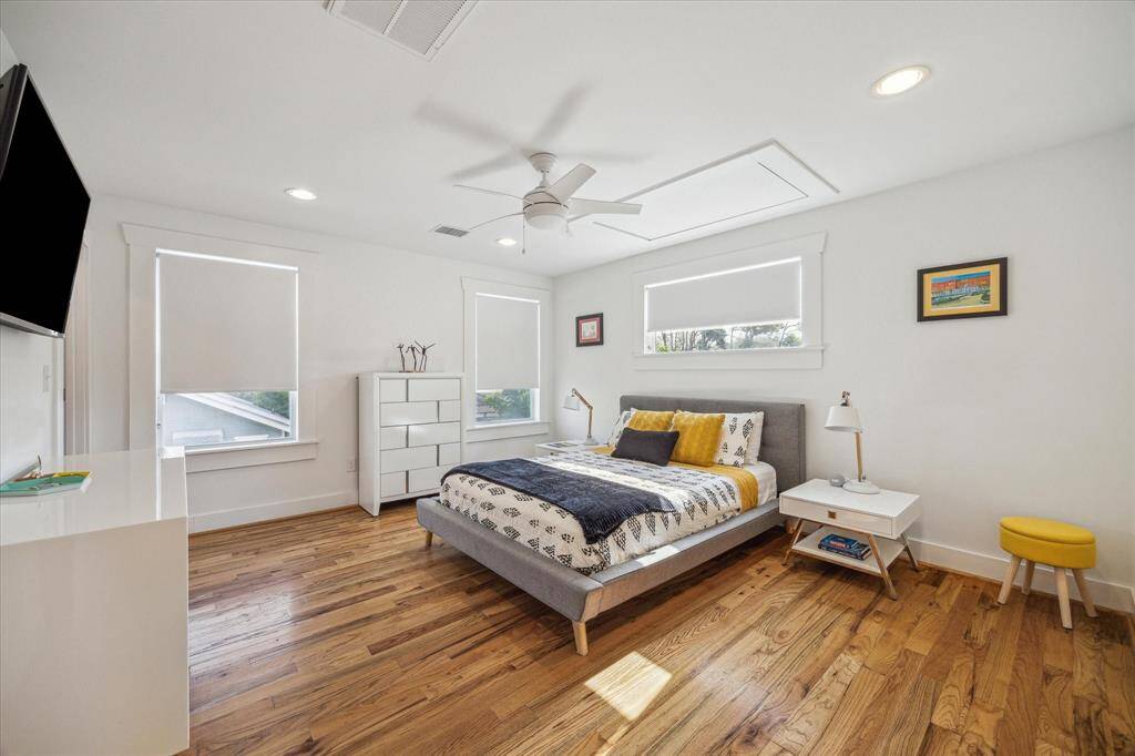 The primary bedroom is found on the second floor.