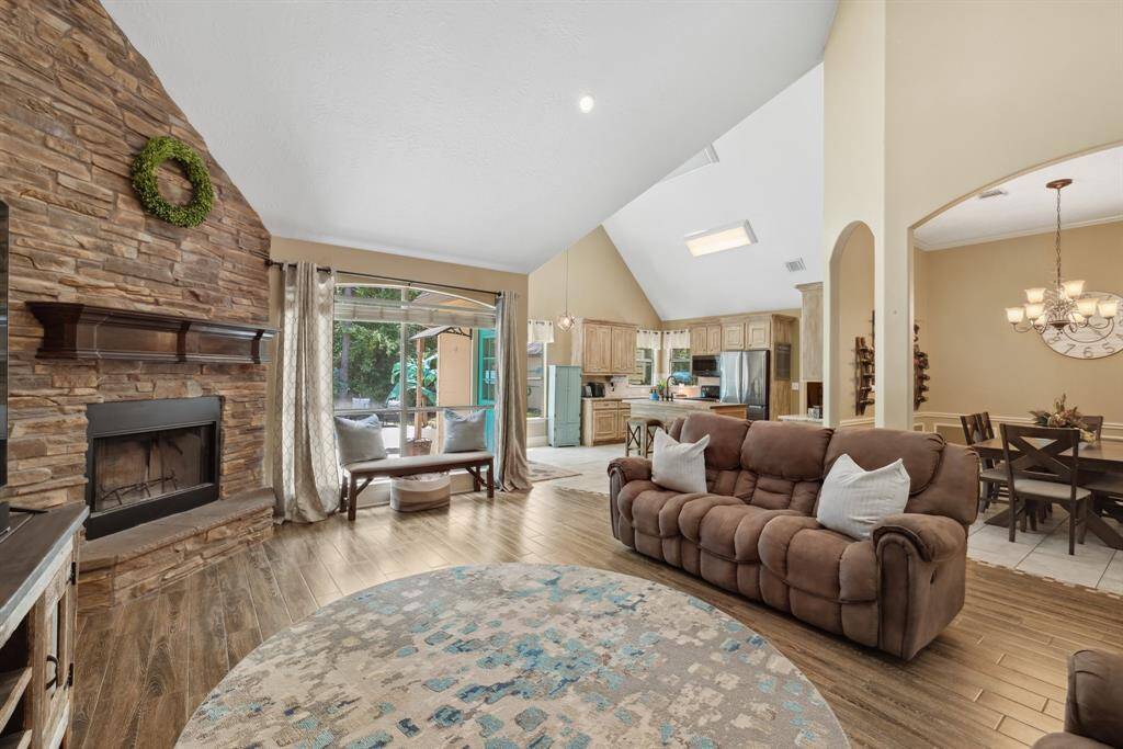 On those cool Texas evenings, enjoy a cozy fire in the wood burning fireplace. The stacked stone surround accents the fireplace and makes it a focal point in the room.